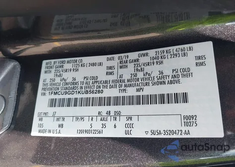 2019 Ford Escape Se z USA, uszkodzony, nr VIN 1FMCU9GD1KUB56280